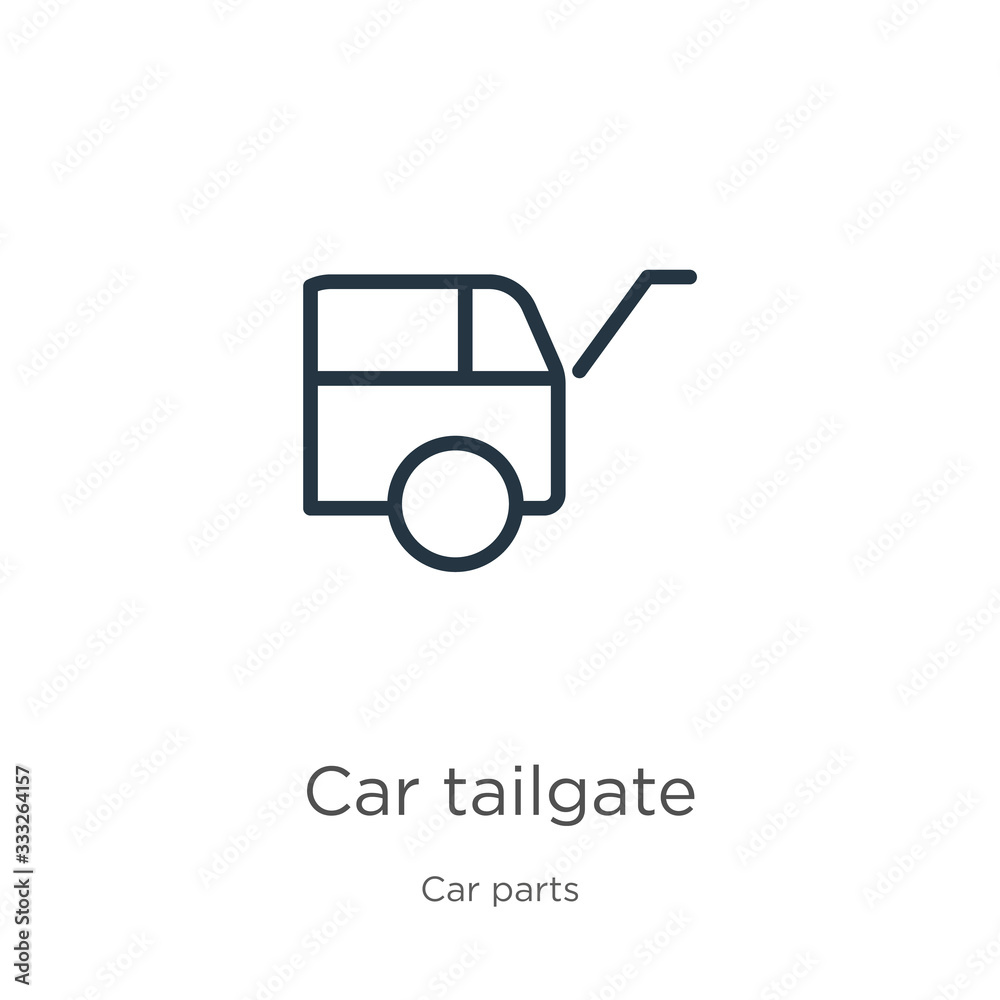 Car tailgate icon. Thin linear car tailgate outline icon isolated on white background from car parts collection. Line vector sign, symbol for web and mobile Car tailgate icon. Thin linear car tailgate outline icon isolated on white background from car parts collection. Line vector sign, symbol for web and mobile