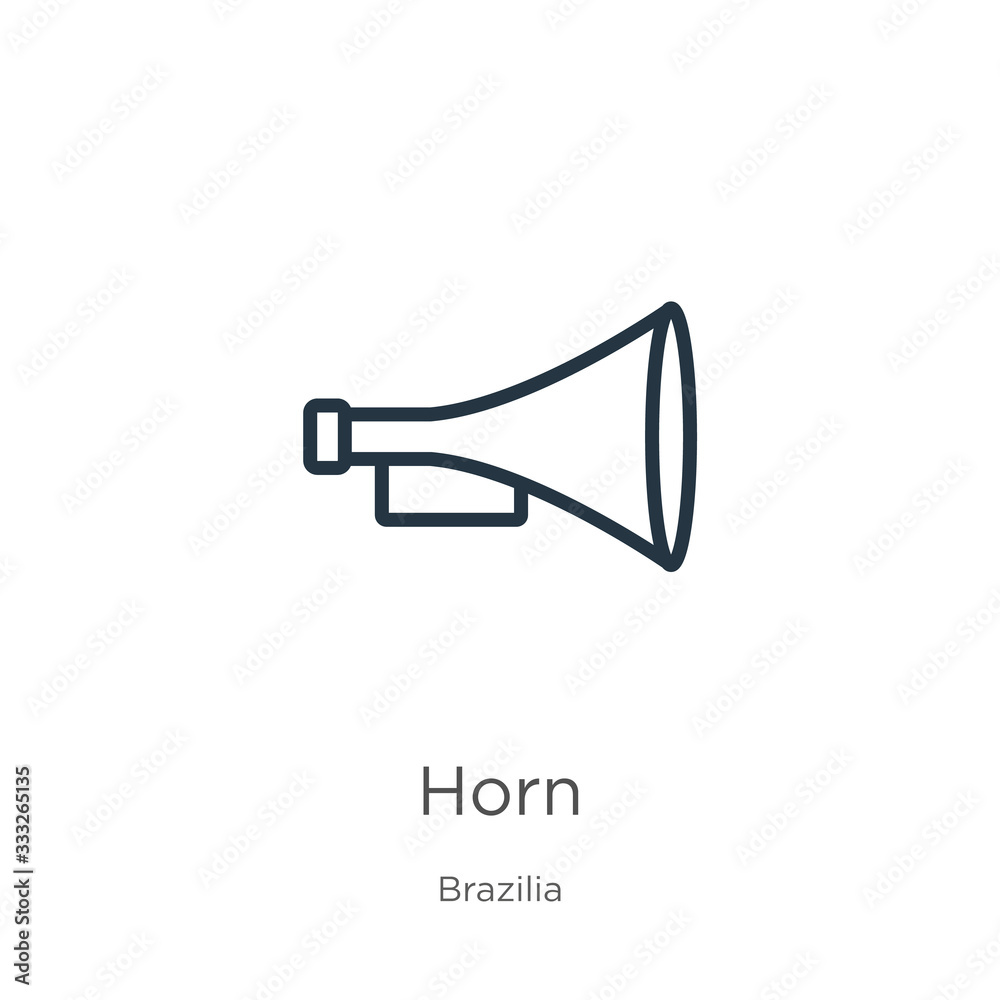 Horn icon. Thin linear horn outline icon isolated on white background from brazilia collection. Line vector sign, symbol for web and mobile