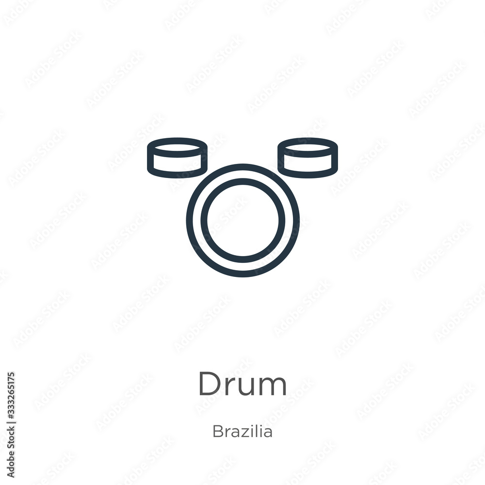 Drum icon. Thin linear drum outline icon isolated on white background from brazilia collection. Line vector sign, symbol for web and mobile Drum icon. Thin linear drum outline icon isolated on white background from brazilia collection. Line vector sign, symbol for web and mobile