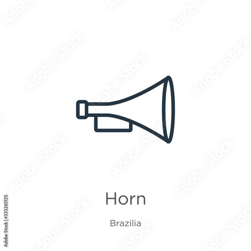 Horn icon. Thin linear horn outline icon isolated on white background from brazilia collection. Line vector sign, symbol for web and mobile