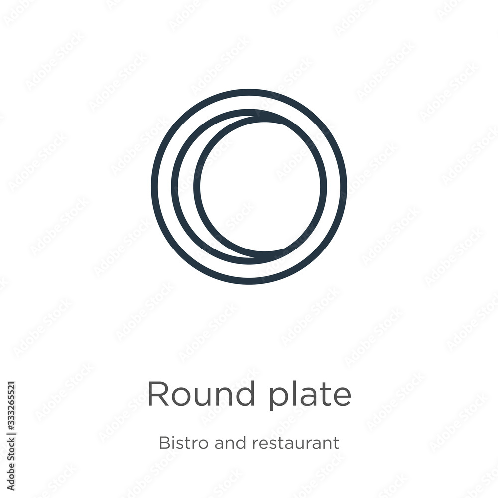 Round plate icon. Thin linear round plate outline icon isolated on white background from bistro and restaurant collection. Line vector sign, symbol for web and mobile Round plate icon. Thin linear round plate outline icon isolated on white background from bistro and restaurant collection. Line vector sign, symbol for web and mobile