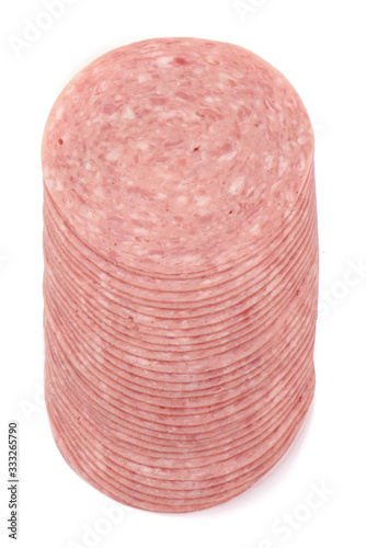 Smoked sausage slices, thinly sliced sausage, isolated on white background