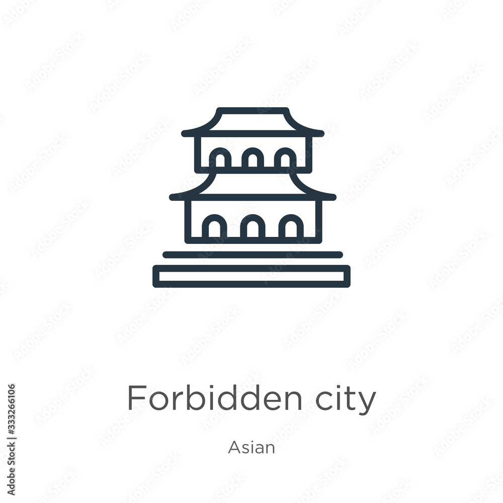 Naklejka premium Forbidden city icon. Thin linear forbidden city outline icon isolated on white background from asian collection. Line vector sign, symbol for web and mobile
