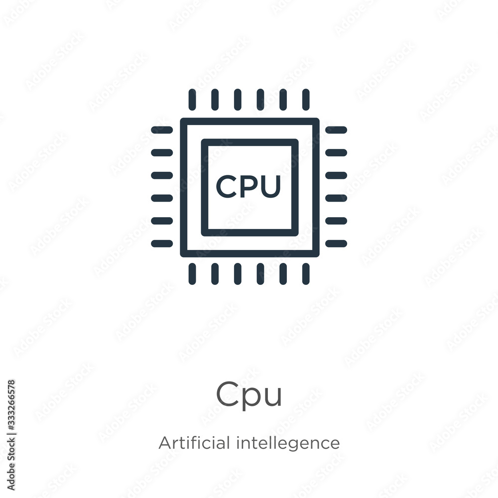 Cpu icon. Thin linear cpu outline icon isolated on white background from artificial intelligence collection. Line vector sign, symbol for web and mobile Cpu icon. Thin linear cpu outline icon isolated on white background from artificial intelligence collection. Line vector sign, symbol for web and mobile