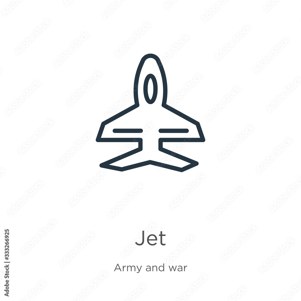 Jet icon. Thin linear jet outline icon isolated on white background from army collection. Line vector sign, symbol for web and mobile Jet icon. Thin linear jet outline icon isolated on white background from army collection. Line vector sign, symbol for web and mobile