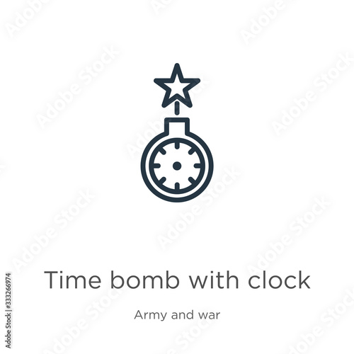 Time bomb with clock icon. Thin linear time bomb with clock outline icon isolated on white background from army and war collection. Line vector sign, symbol for web and mobile