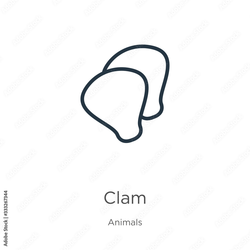Obraz premium Clam icon. Thin linear clam outline icon isolated on white background from animals collection. Line vector sign, symbol for web and mobile