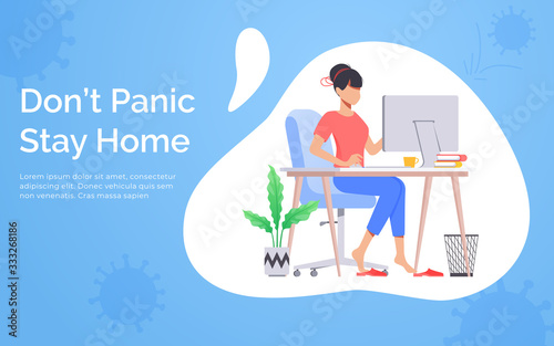 Quarantine and self isolation concept. A girl work from home to avoid viruses. Staying home with self quarantine. Protect from viruses