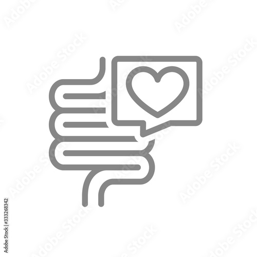 Intestine with heart in speech bubble line icon. Healthy internal organ, digestive tract symbol