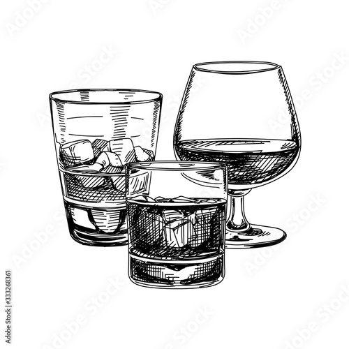 Composition of strong alcohol glasses, hand drawn vector illustration.
