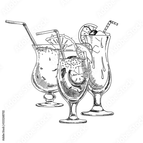 Composition with alcoholic cocktails, hand drawn vector illustration.