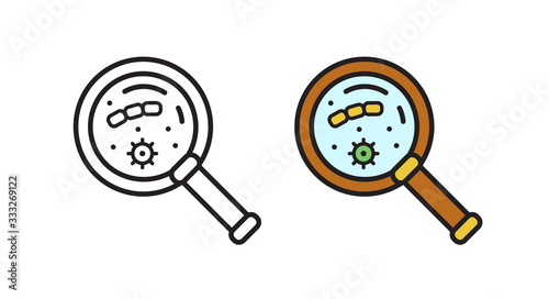 Icon microbes under a magnifying glass. Vector simple pictogram