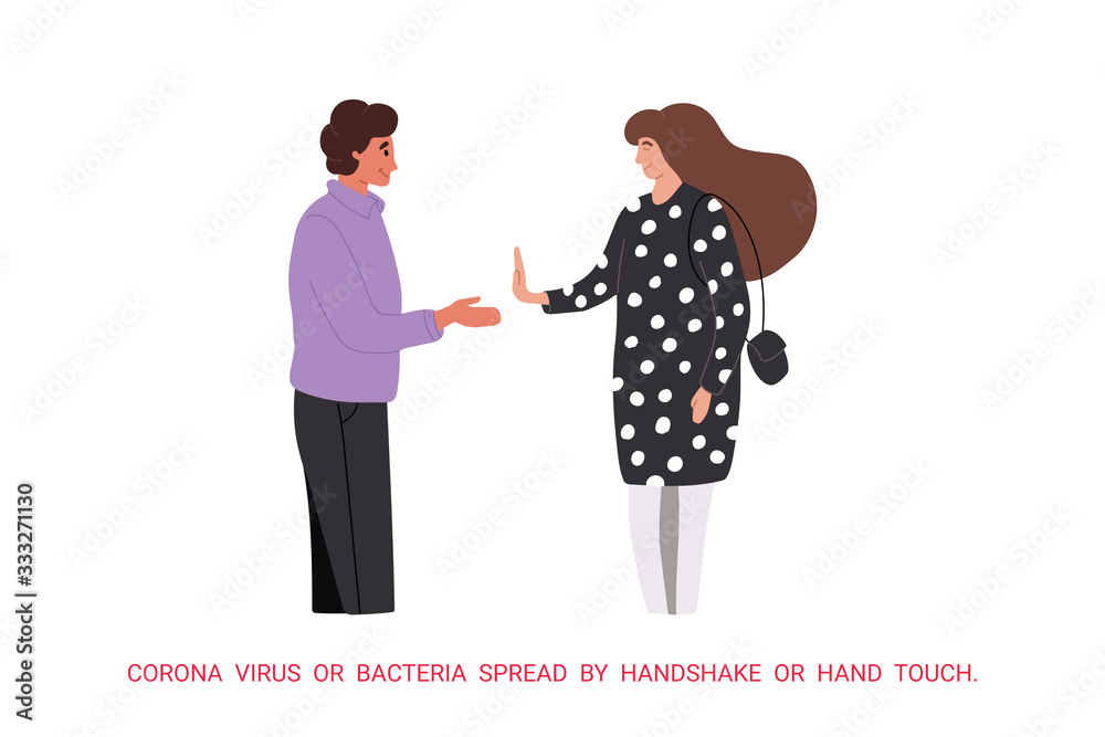 Young people do not handshake with each other. Not contact. Precautions and prevention of coronavirus disease. Warning, dangerous infection on hands. Flat cartoon colorful vector illustration. Young people do not handshake with each other. Not contact. Precautions and prevention of coronavirus disease. Warning, dangerous infection on hands. Flat cartoon colorful vector illustration.