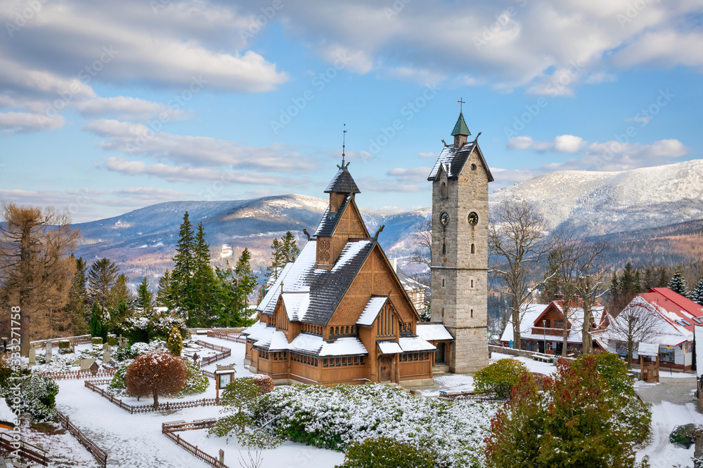 Karpacz, Poland. Winter view of Wang Church (Kosciol Wang) - 12th-century church, constructed similarly to Viking longships and moved to this site in 1842