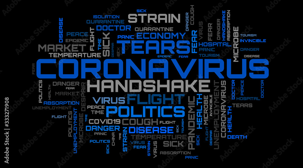 Blue modern COVID-19 word cloud concept illustration Blue modern COVID-19 word cloud concept illustration