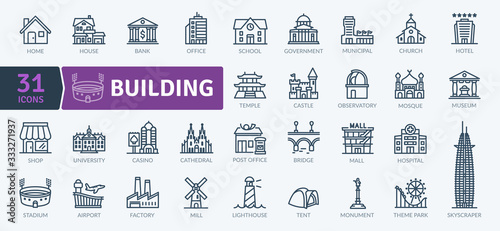 Building Icons Pack. Thin line architecture icons set. Flaticon collection set. Simple vector icons