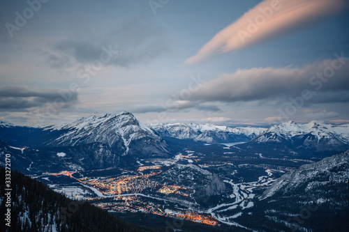 Winter blue hour after sunset at Banff Gondola, aerial view of Banff, Canadian Rockies, Alberta Canada