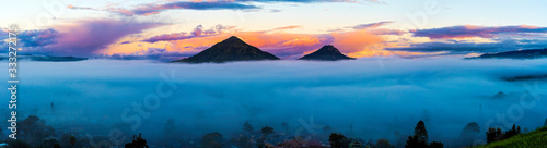 Panorama of Sunset in the Mountains, Fog, foggy