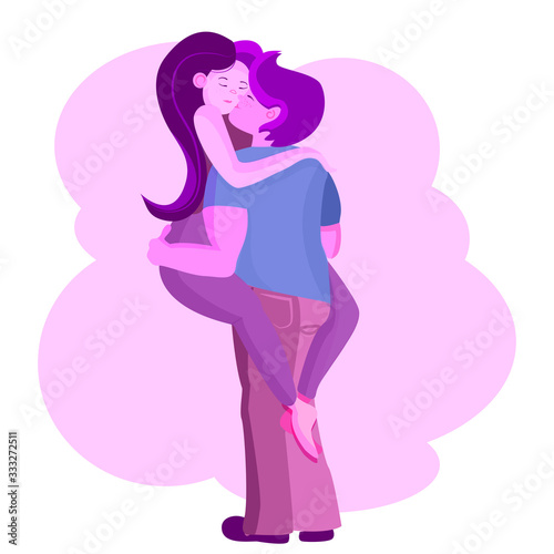 Young Couple in Love: The Guy Keeps The Girl In His Arms Romantic Art Vector Illustration