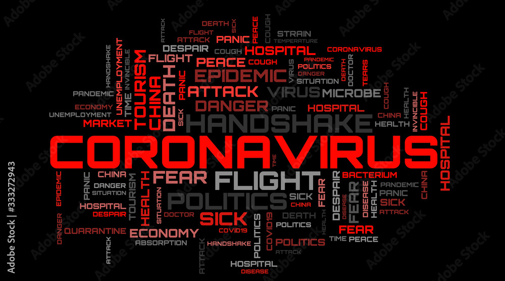 Red virus topic word cloud on black background