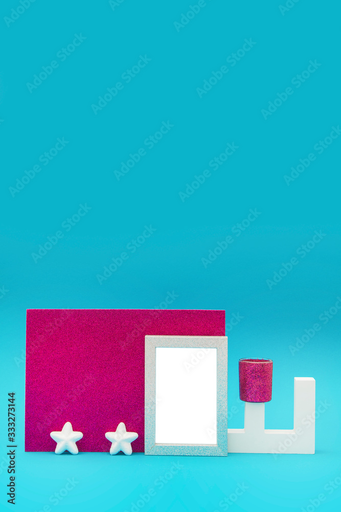 White shiny frame for text with letter object and other decorations on a blue and purple background White shiny frame for text with letter object and other decorations on a blue and purple background