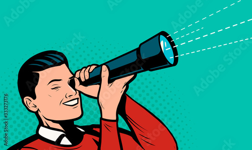 Businessman looking through spyglass. Retro comic pop art vector illustration