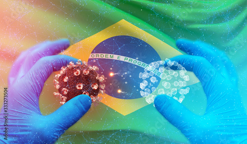 Medical molecular conceptwith backgroung of waving national flag of Brazil. Pandemic 3D illustration. photo