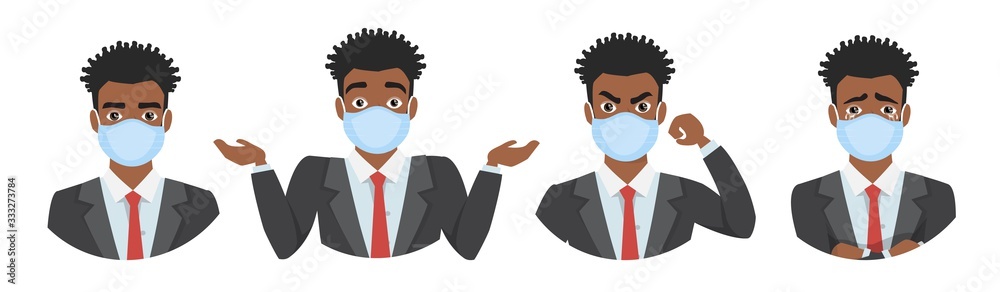 black african american men wearing medical mask to prevent disease, flu, air pollution, contaminated air, world pollution. Set of different emotions. black african american men wearing medical mask to prevent disease, flu, air pollution, contaminated air, world pollution. Set of different emotions.