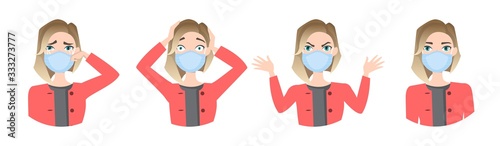Women wearing medical mask to prevent disease, flu, air pollution, contaminated air, world pollution. Set of different emotions.