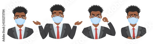 black african american men wearing medical mask to prevent disease, flu, air pollution, contaminated air, world pollution. Set of different emotions.