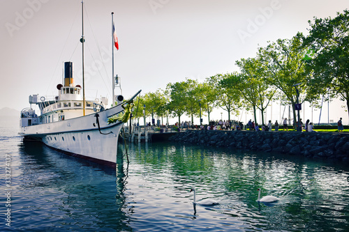 Lausanne, Switzerland - August  24, 2019. Ouchy port on Geneva Lake in Lausanne, Switzerland.