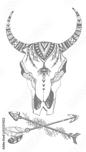 Cow, buffalo, bull skull in tribal style. Bohemian, boho vector illustration. Wild and free ethnic gypsy symbol.