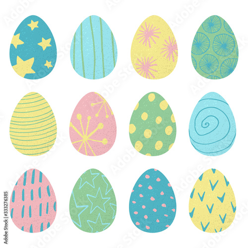 Vector set of colorful and funny Easter eggs with abstract elements on them isolated on white background.