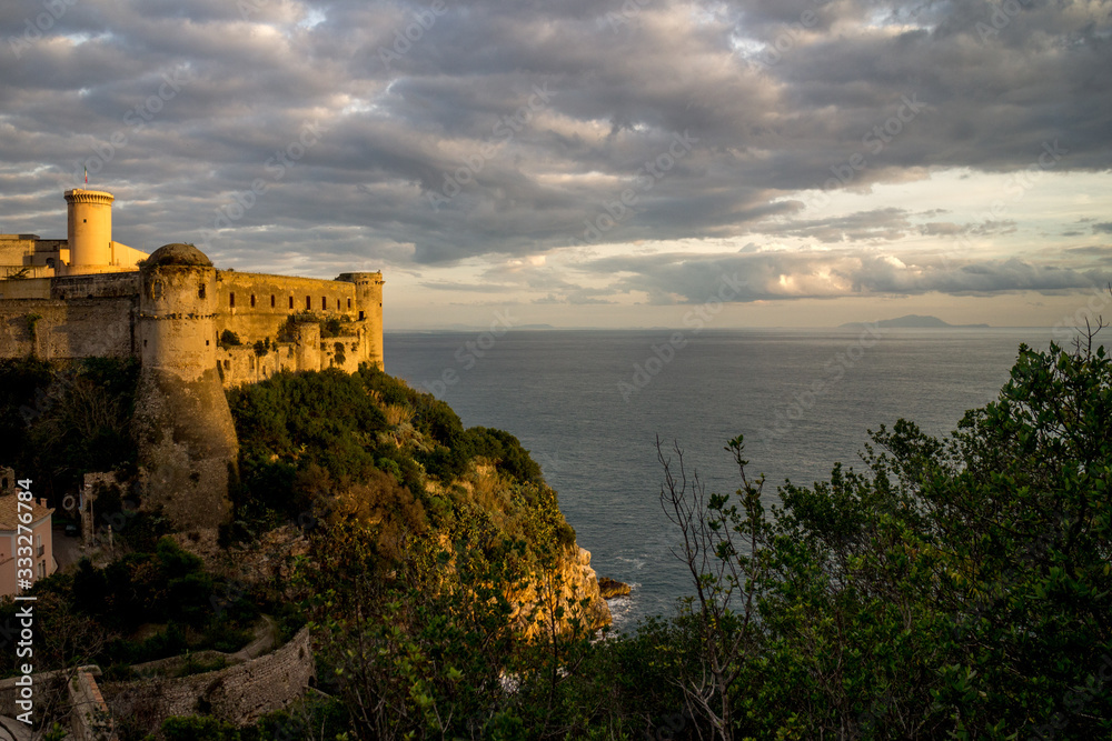 The Angioino-Aragonese castle of Gaeta at sunset. Gaeta, Lazio region, Italy