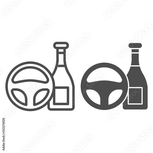 Do not drink and drive line and solid icon. Steering wheel and alcohol bottle symbol, outline style pictogram on white background. Car accident sign for mobile concept and web design. Vector graphics.