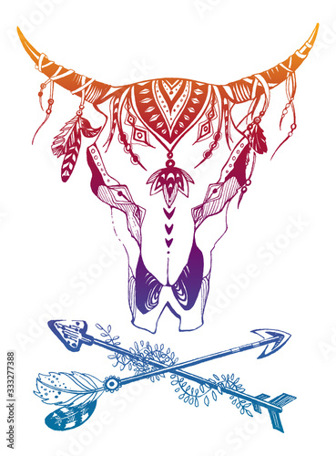 Cow, buffalo, bull skull in tribal style. Bohemian, boho vector illustration. Wild and free ethnic gypsy symbol.