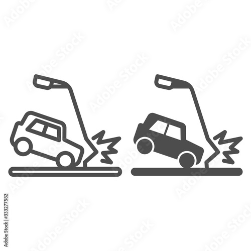 Automobile hit lamp post line and solid icon. Vehicle crash into street lighting symbol, outline style pictogram on white background. Car accident sign for mobile concept, web design. Vector graphics.