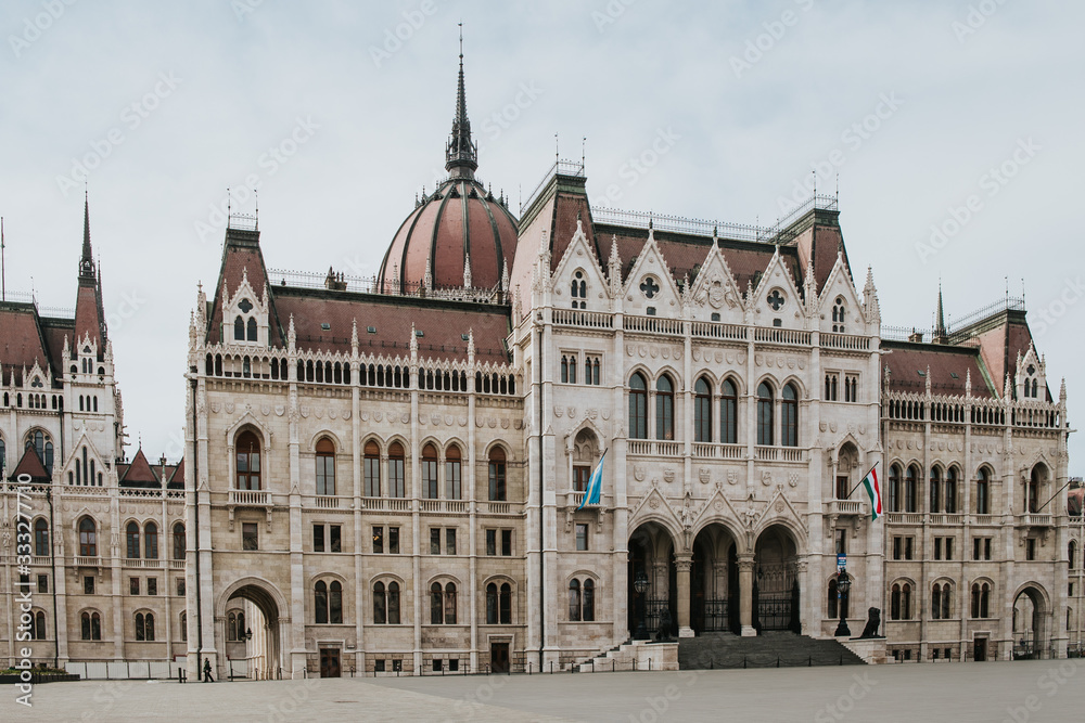 World pandemic Budapest city, quarantine covid-19 capital of Parliament Building. Empty Budapest during Corona virus (Covid-19)