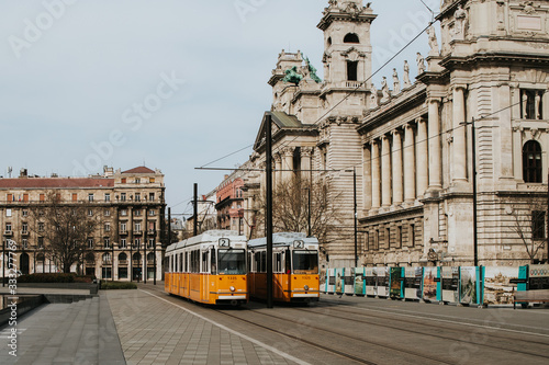Tram in Budapest,world pandemic Budapest city, quarantine capital of Parliament Building. 