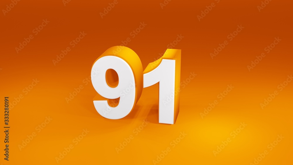 Number 91 in white on orange gradient background, isolated number 3d render Number 91 in white on orange gradient background, isolated number 3d render