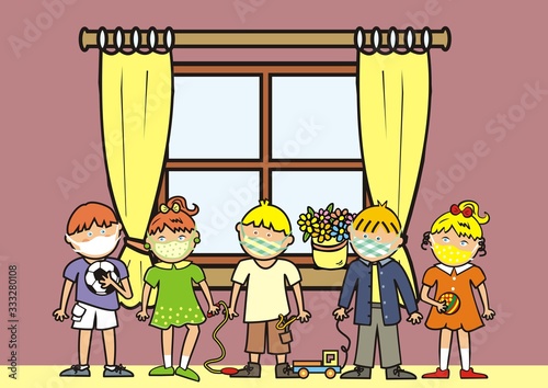 kindergarten, group of little girls and boys at room, vector illustration