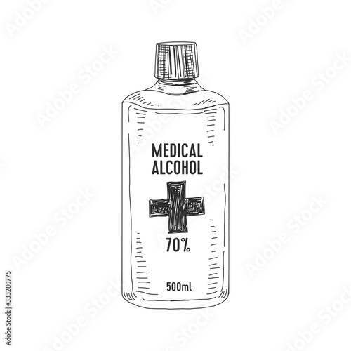 Medical alcohol bottle, hand drawn retro vector illustration.