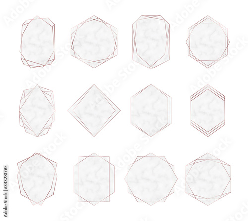 Rose Gold geometric polygonal marble frames. Luxury design elements for wedding invitation, blog posts, banner, celebration, card, save the date, poster, flyer	