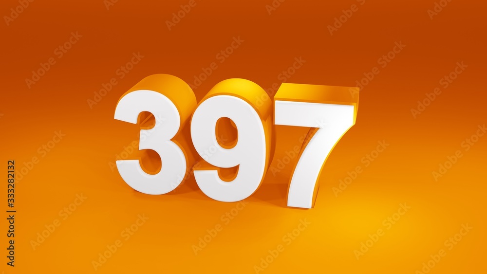 Number 397 in white on orange gradient background, isolated number 3d render Number 397 in white on orange gradient background, isolated number 3d render