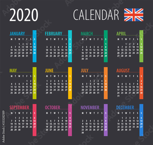2020 Calendar - illustration. Template. Mock up. English version