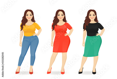 Young happy beautiful plus size woman dressed in different casual business style clothes set isolated vector illustration