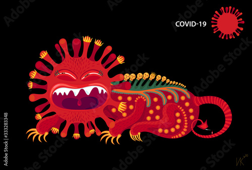 Monster coronavirus icon. Scary predator symbol of COVID-19. Vector Illustration