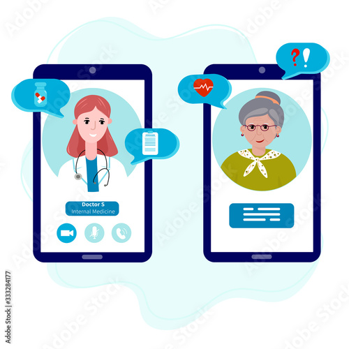 Doctor with old patient meet online. Online healthcare for Senior. Mobile appointment woman with doctor for check up, diagnose and pills. Tele medicine for disability person.