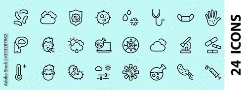 CORONAVIRUS a set of icons on the theme of Coronavirus, contains such icons as nucleation, hand washing, mask, bacteria, sneezing, Editable stroke, on a white background
