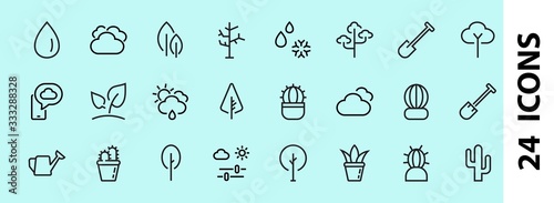   A set of Rosteniya Icons, and garden care, Vector illustration, Contains Icons such as tree, cactus, watering can, spade, flower and much more. on a white background, editable bar 480x480